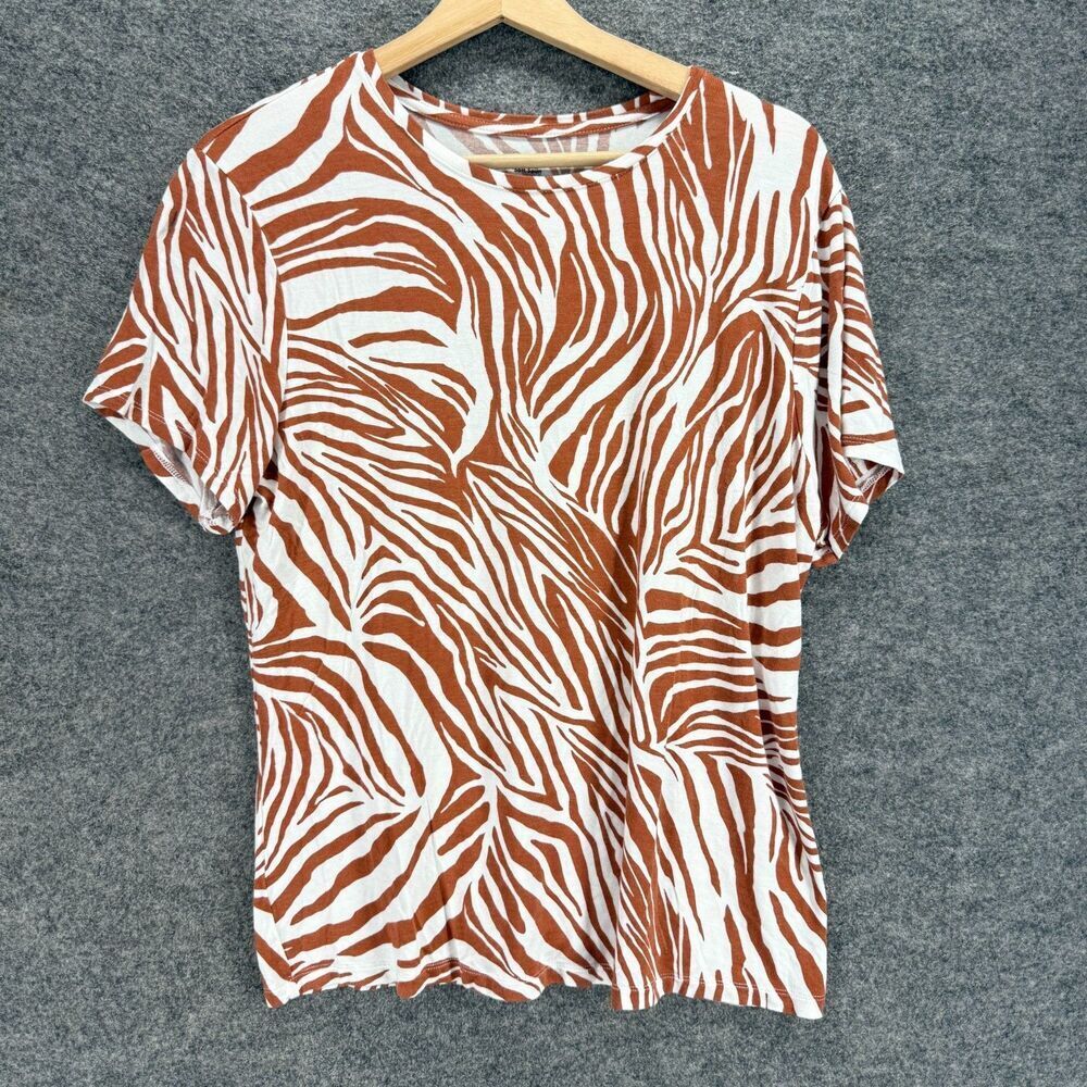 Nine West T-Shirt Women XL Brown Animal Print Short Sleeve Rayon Round Neck